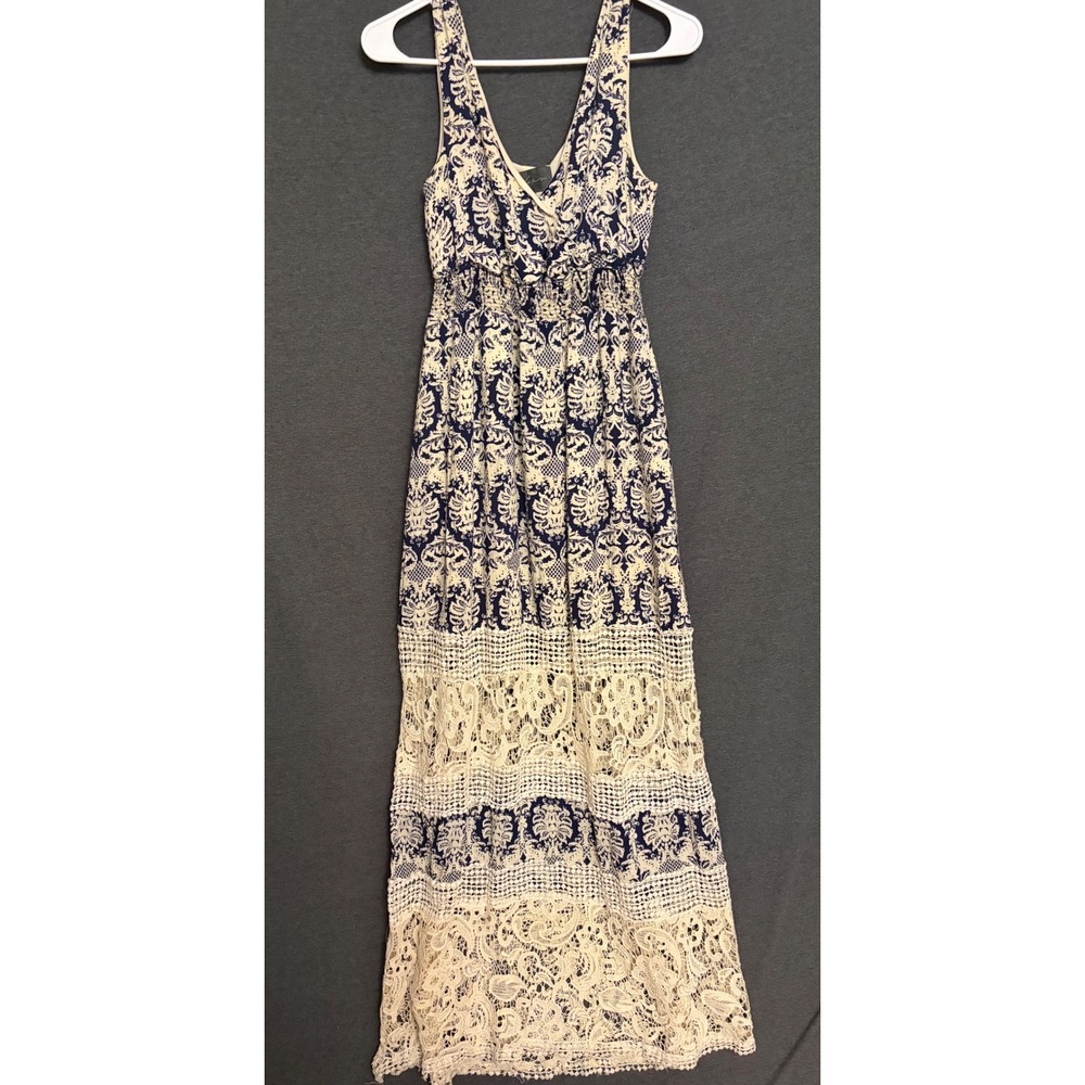 Sunday in Brooklyn Blue Cream Damask‎ Crochet Lace Maxi Dress Small Boho